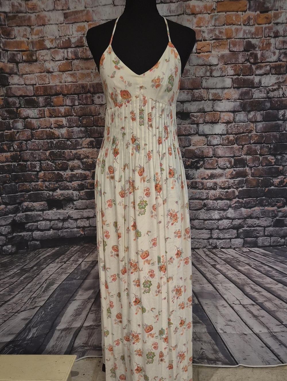 LC Lauren Conrad Cream Maxi Dress with Peach & Green Floral Print